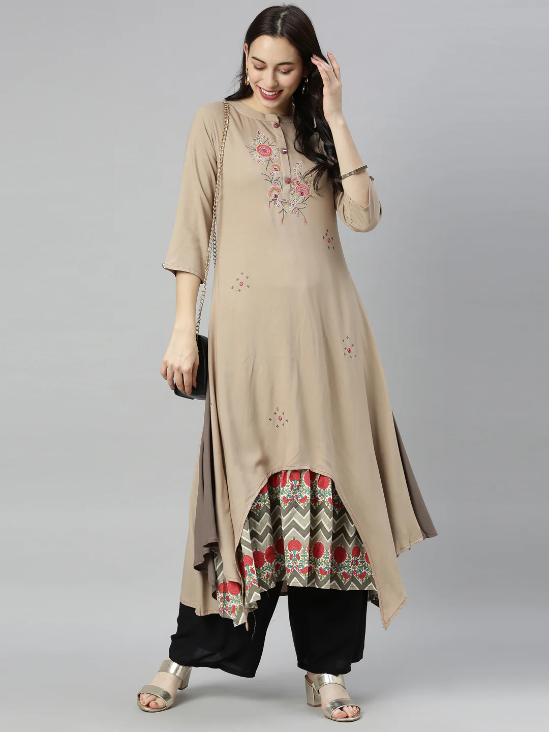 Neerus Brown Embroidered High Low Double Layered Kurta - Image 8