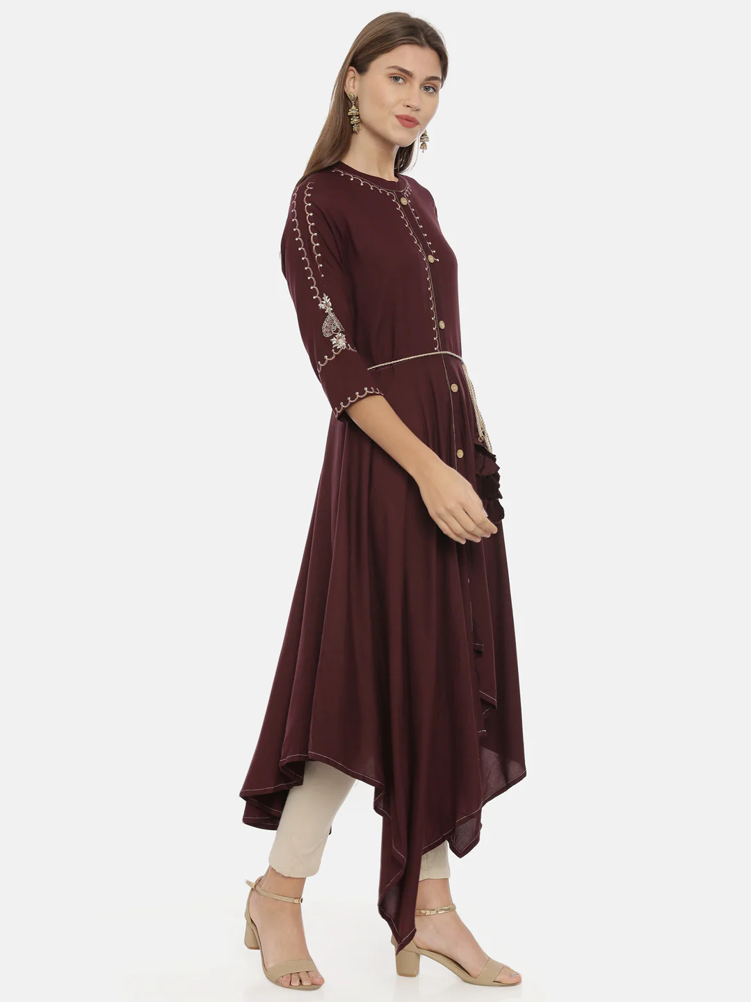 Neerus Brown Embroidered High Low Kurta - Image 4