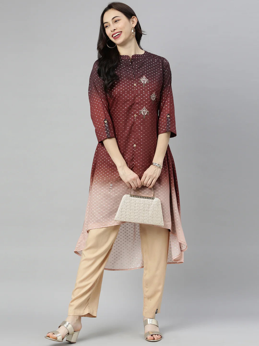 Neerus Brown Embroidered High Low Kurta - Image 8