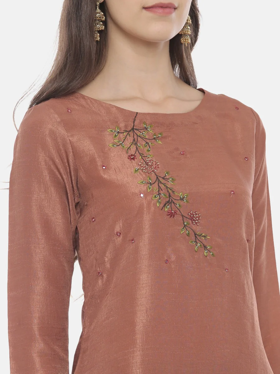 Neerus Brown Embroidered Kurta Dhoti Pant Set - Image 2
