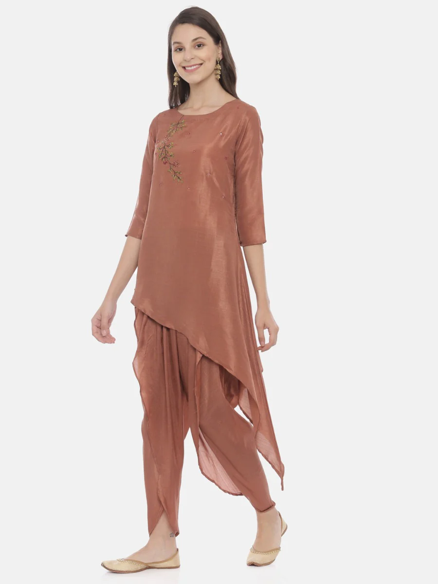 Neerus Brown Embroidered Kurta Dhoti Pant Set - Image 3