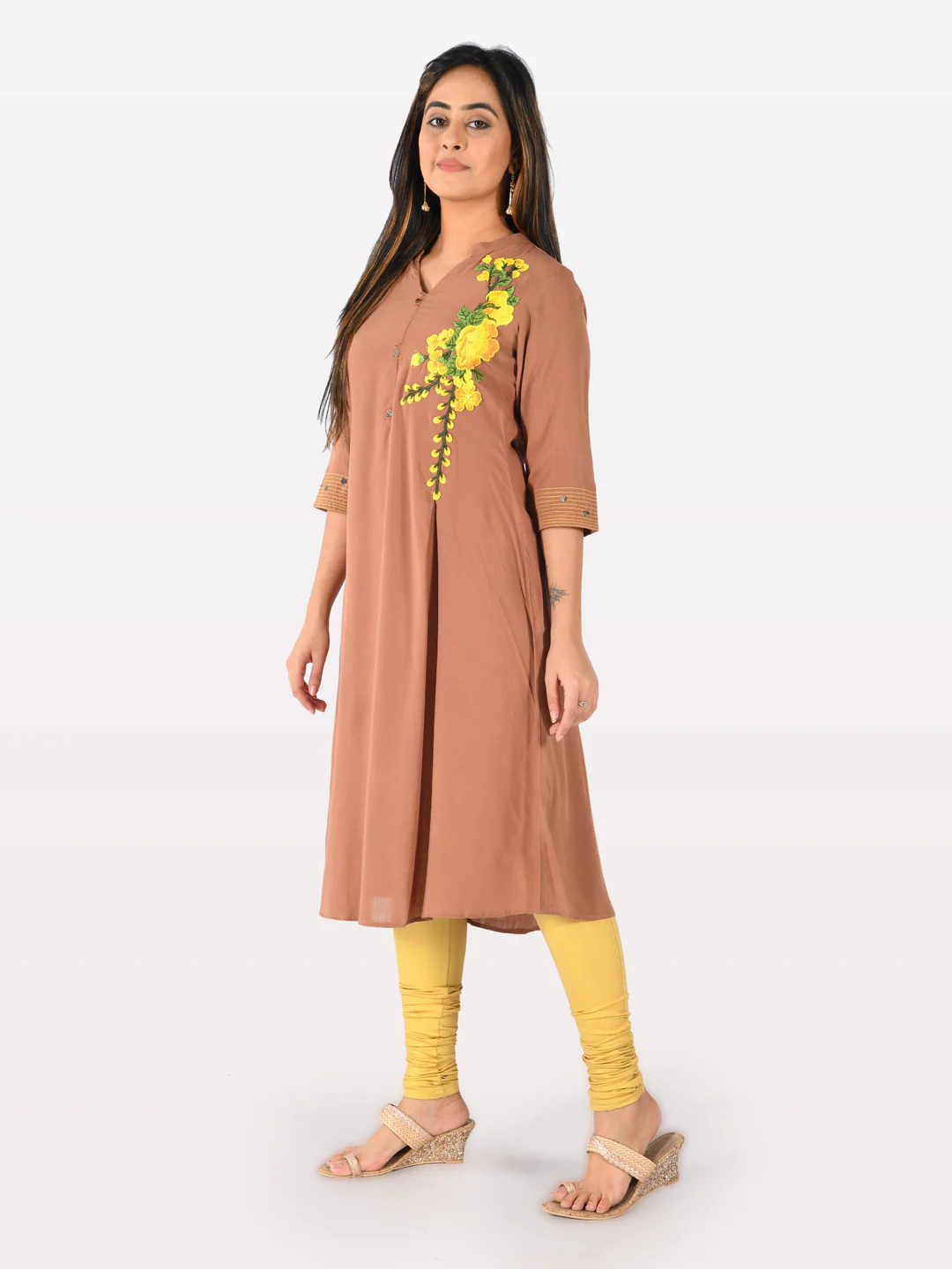 Neerus Brown Embroidered Straight Kurta - Image 5