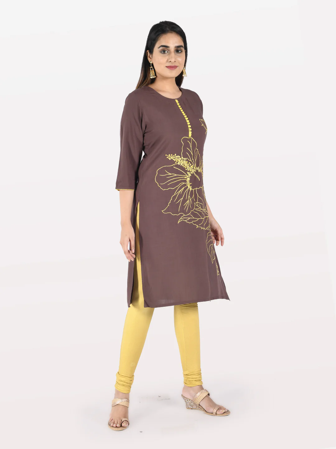 Neerus Brown Embroidered Straight Kurta - Image 4