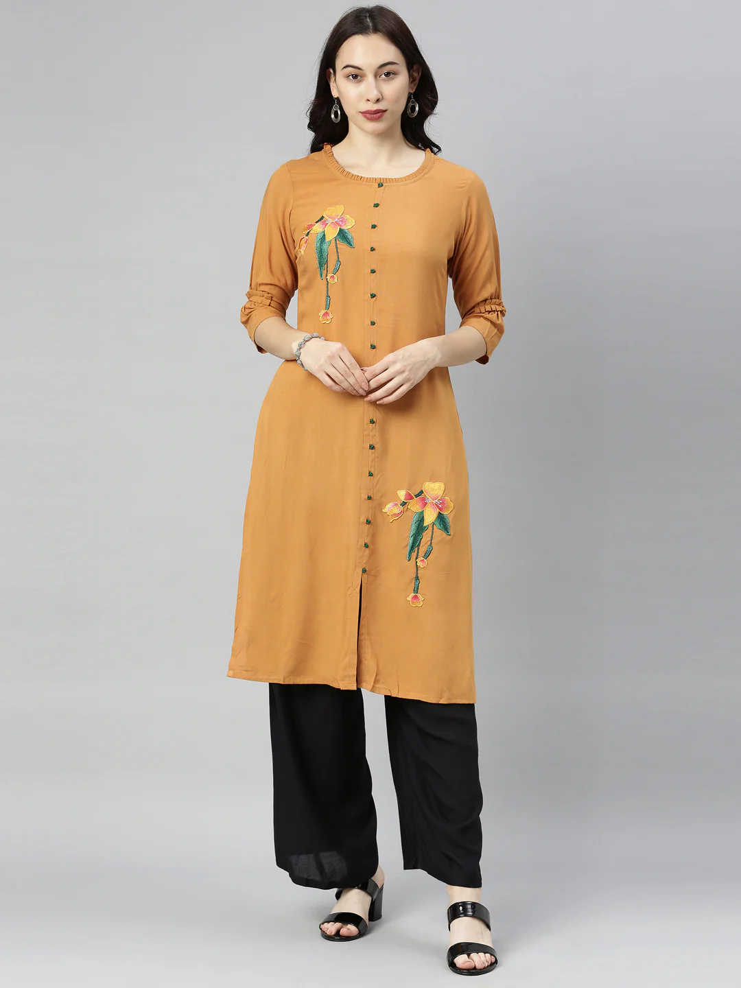 Neerus Brown Embroidered Straight Kurta