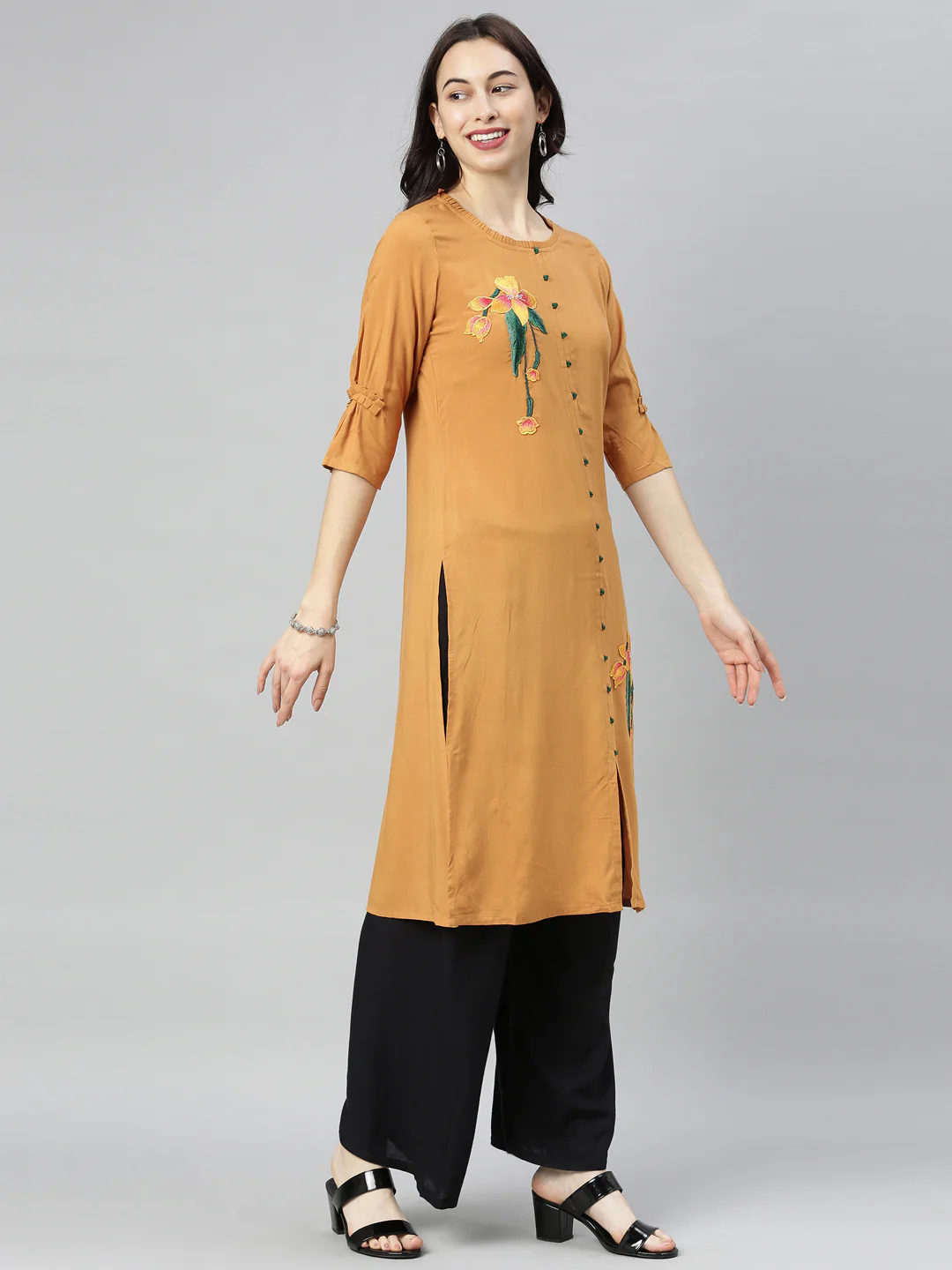 Neerus Brown Embroidered Straight Kurta - Image 6