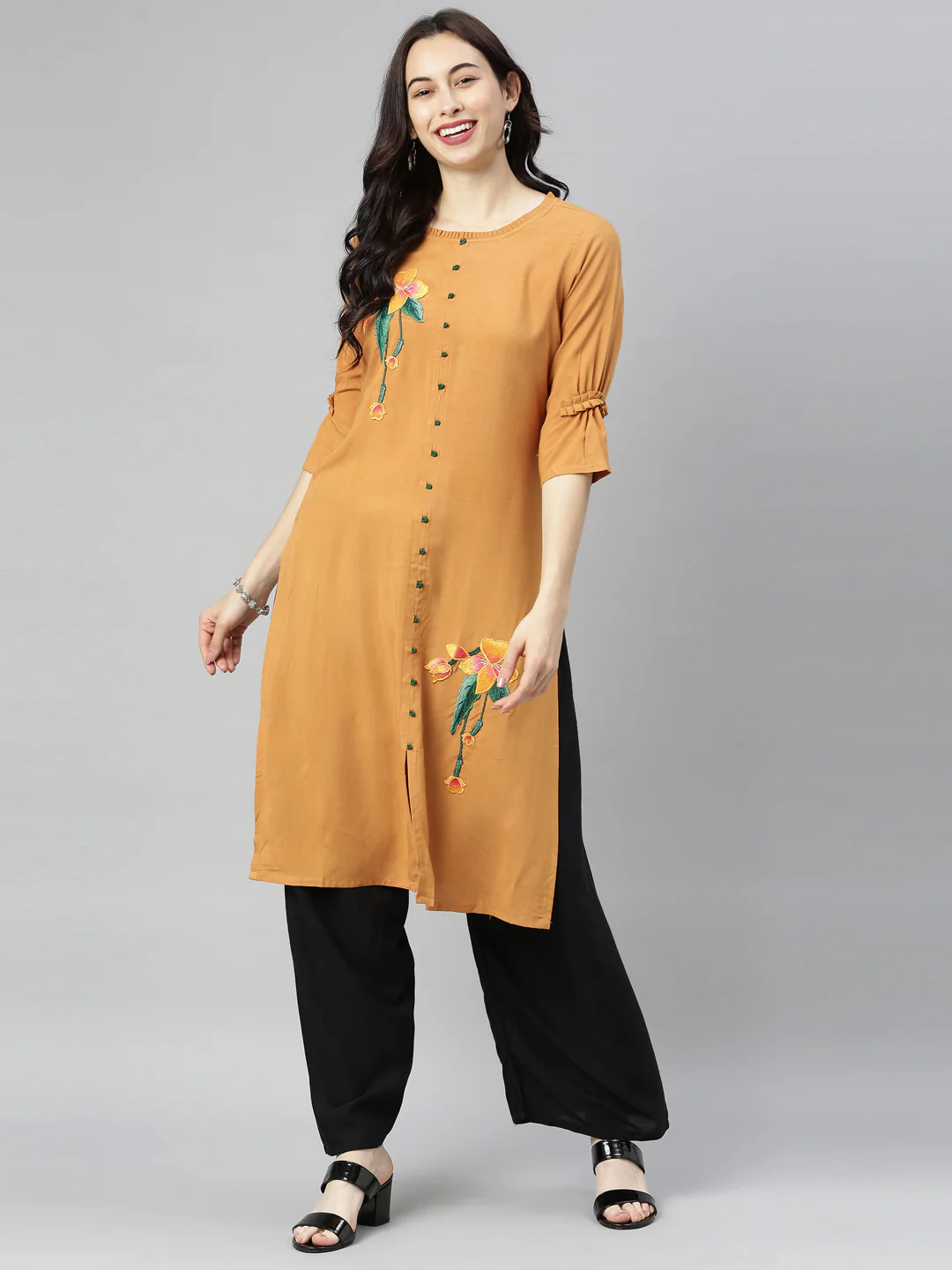 Neerus Brown Embroidered Straight Kurta - Image 8