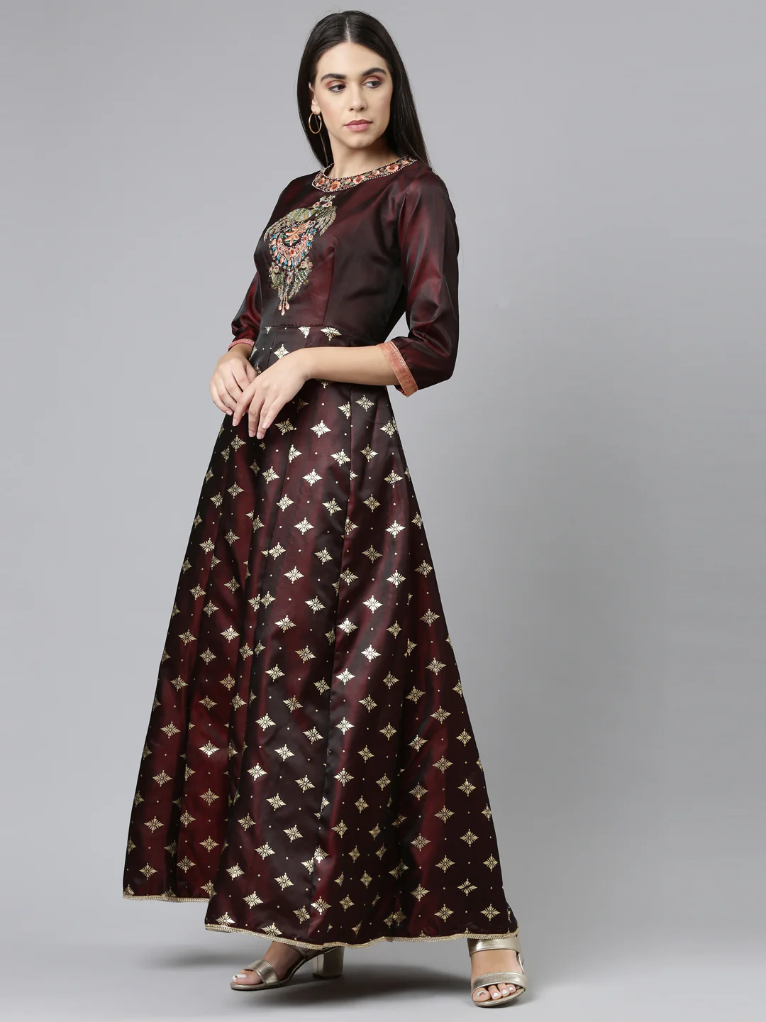 Neerus Brown Ethnic Motifs Embroidered Ethnic Maxi Dress with Dupatta - Image 3
