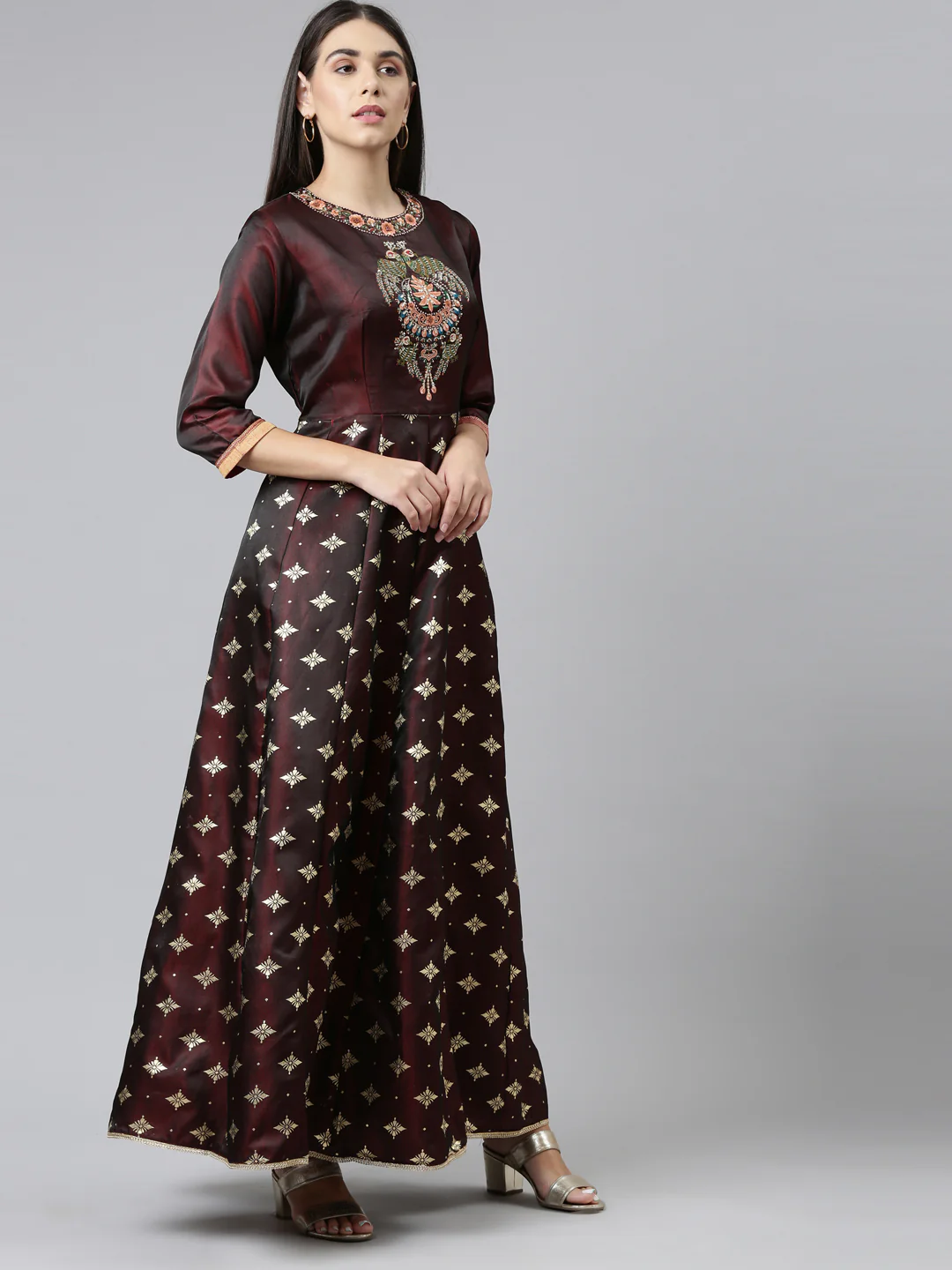 Neerus Brown Ethnic Motifs Embroidered Ethnic Maxi Dress with Dupatta - Image 4