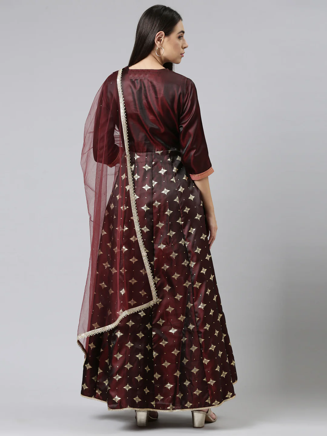 Neerus Brown Ethnic Motifs Embroidered Ethnic Maxi Dress with Dupatta - Image 5