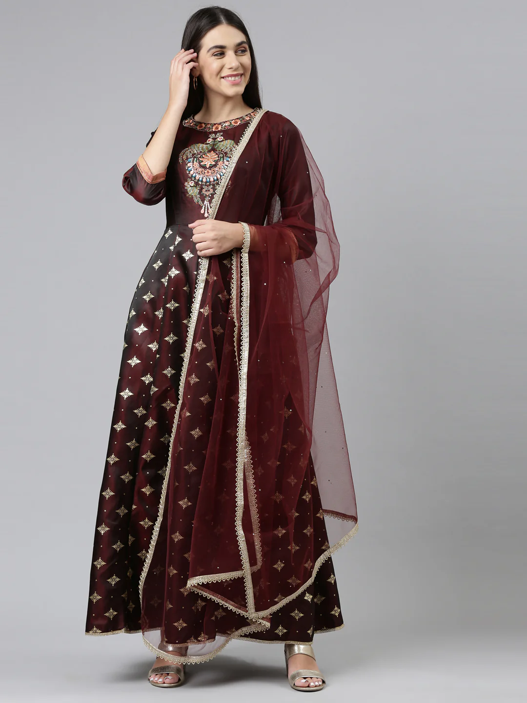 Neerus Brown Ethnic Motifs Embroidered Ethnic Maxi Dress with Dupatta - Image 6
