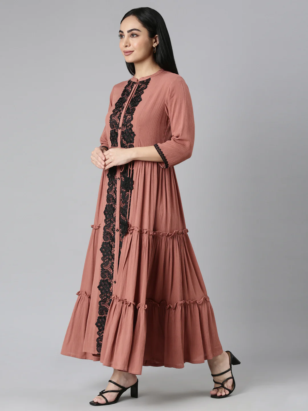 Neerus Brown Flared Casual Solid Maxi Dresses - Image 2