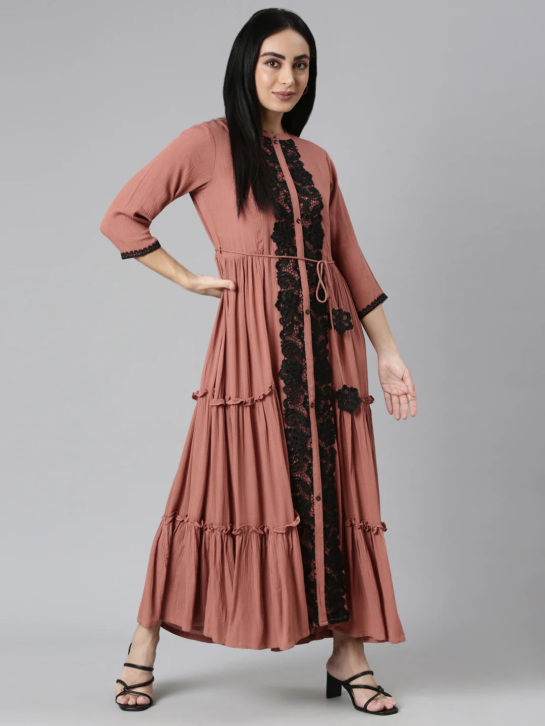 Neerus Brown Flared Casual Solid Maxi Dresses - Image 5