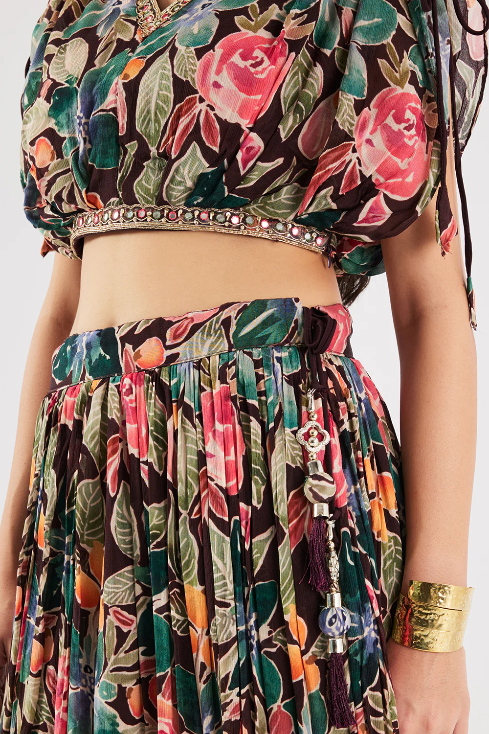 Neerus Brown Floral Georgette Fabric Fusion Set. - Image 8