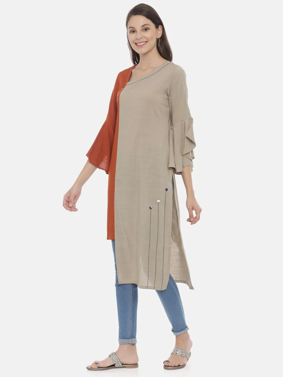 Neerus Brown High Low Kurta - Image 3