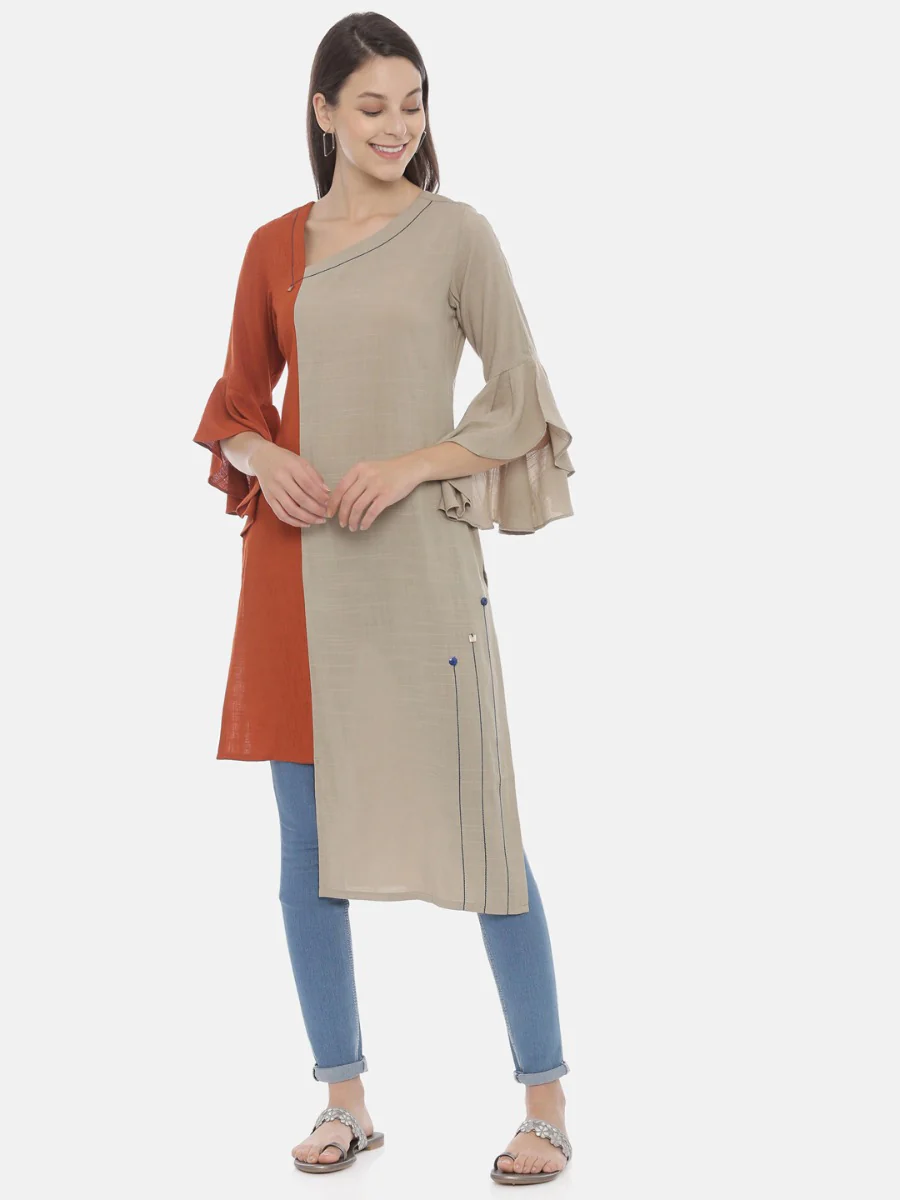 Neerus Brown High Low Kurta - Image 6