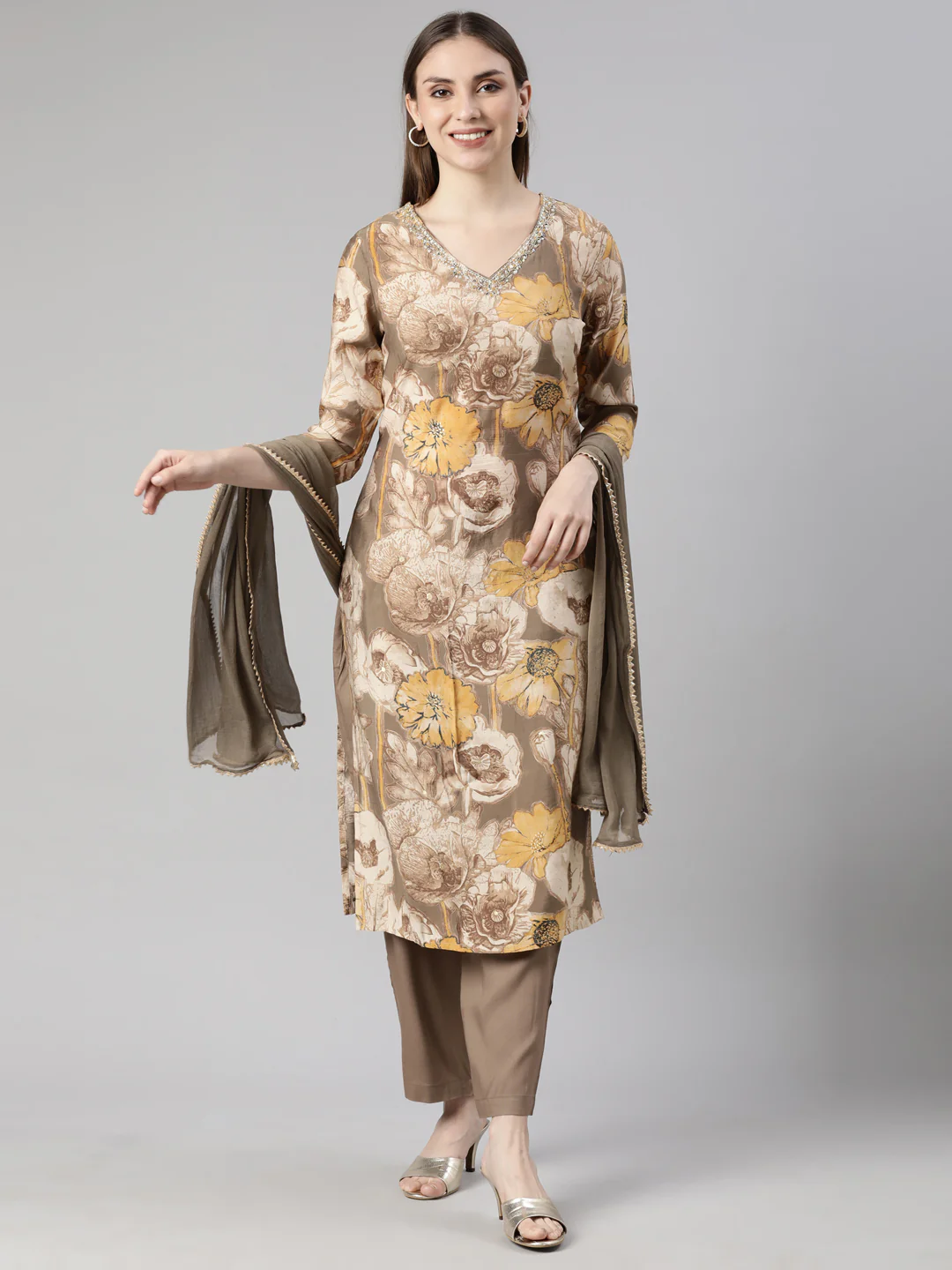 Neerus Brown Panelled Straight Floral Kurta And  Trousers With Dupatta
