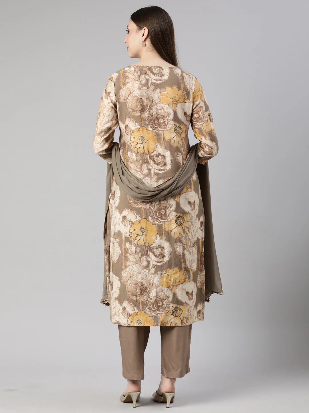 Neerus Brown Panelled Straight Floral Kurta And  Trousers With Dupatta - Image 3