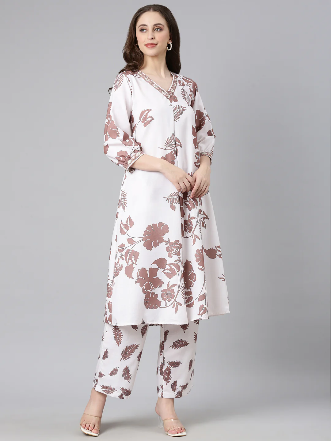 Neerus Brown Printed Straight Kurta and Trousers With Dupatta - Image 2