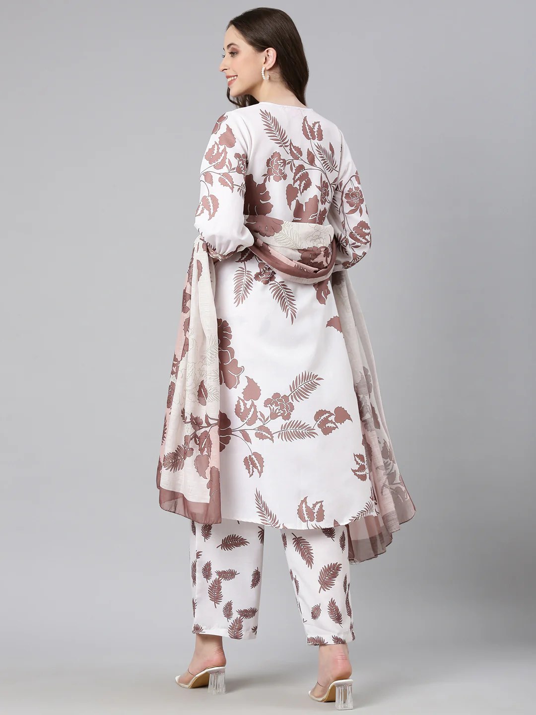 Neerus Brown Printed Straight Kurta and Trousers With Dupatta - Image 3