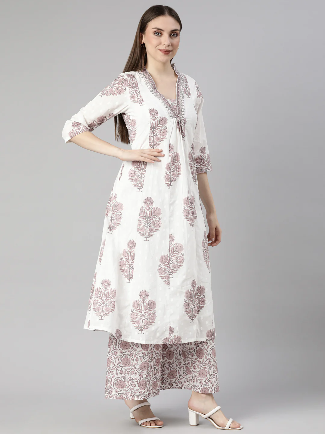 Neerus Brown Regular Straight Floral Kurta And Palazzos With Dupatta - Image 2