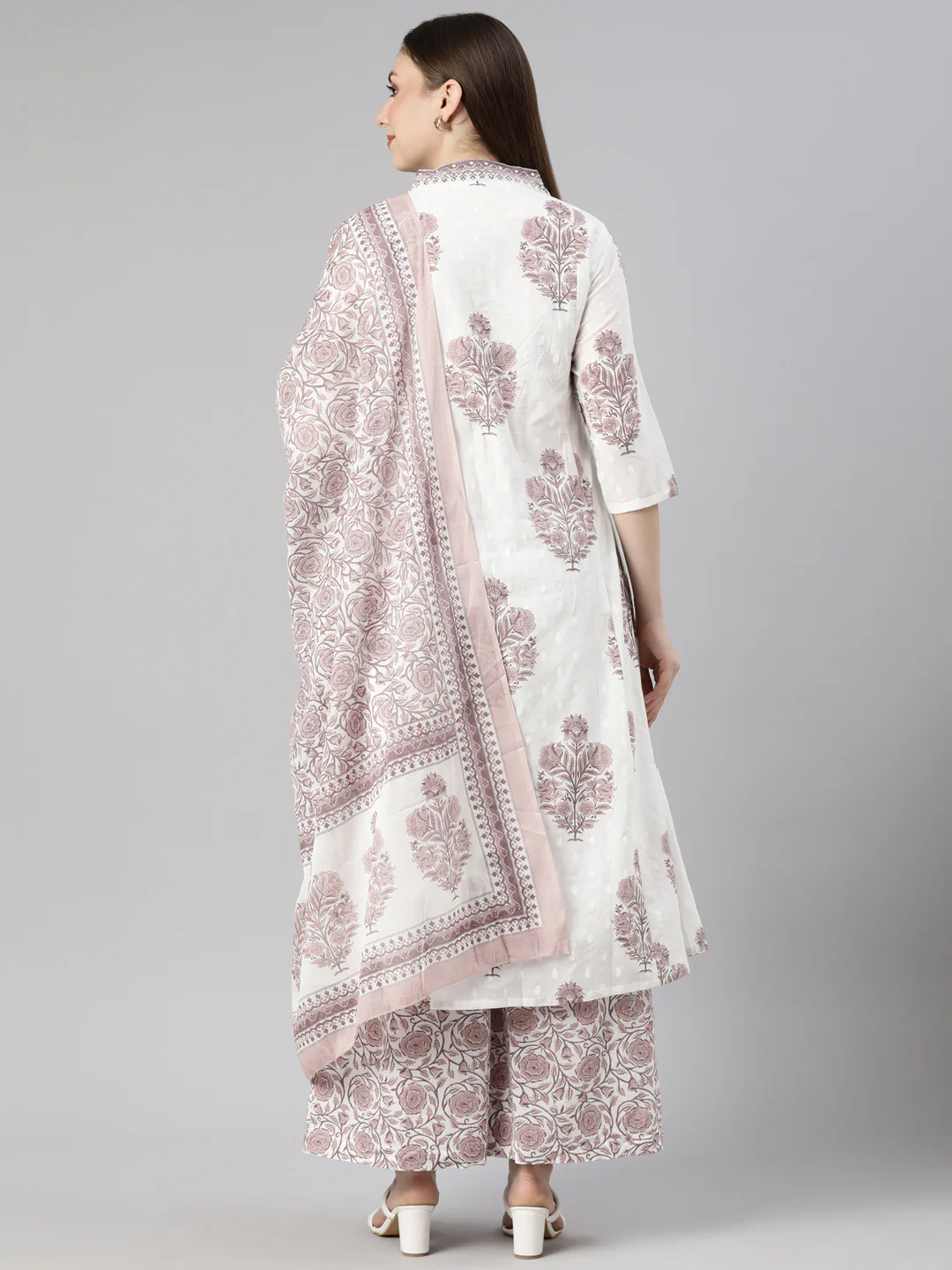 Neerus Brown Regular Straight Floral Kurta And Palazzos With Dupatta - Image 3