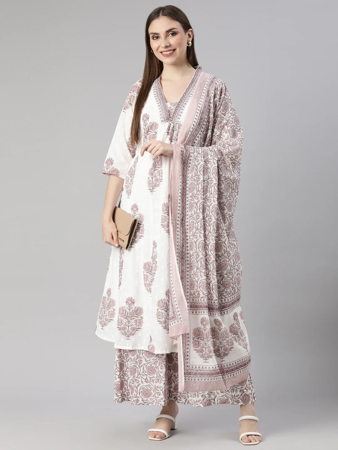 Neerus Brown Regular Straight Floral Kurta And Palazzos With Dupatta - Image 4