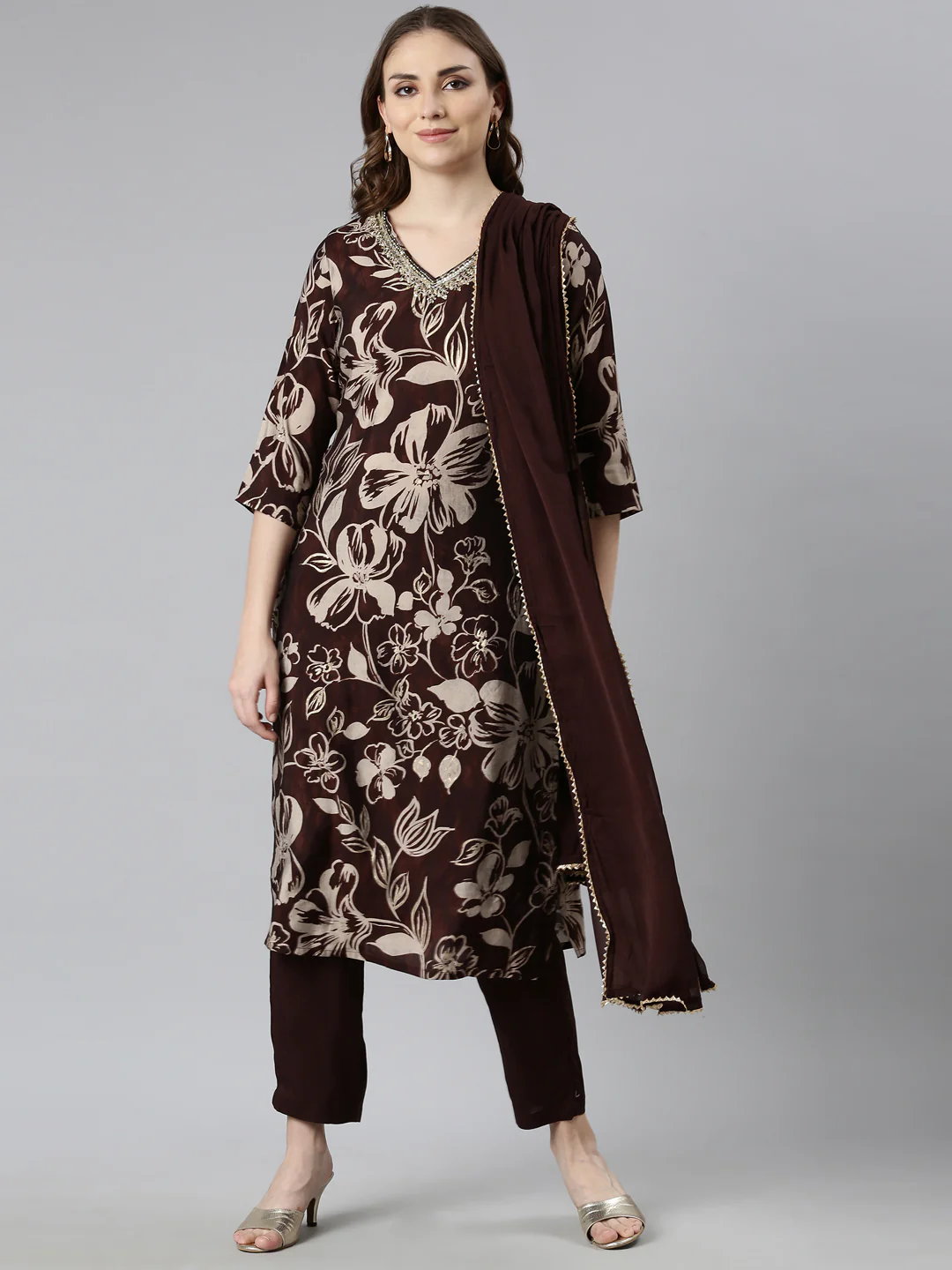 Neerus Brown Regular Straight Floral Kurta And Trousers With Dupatta
