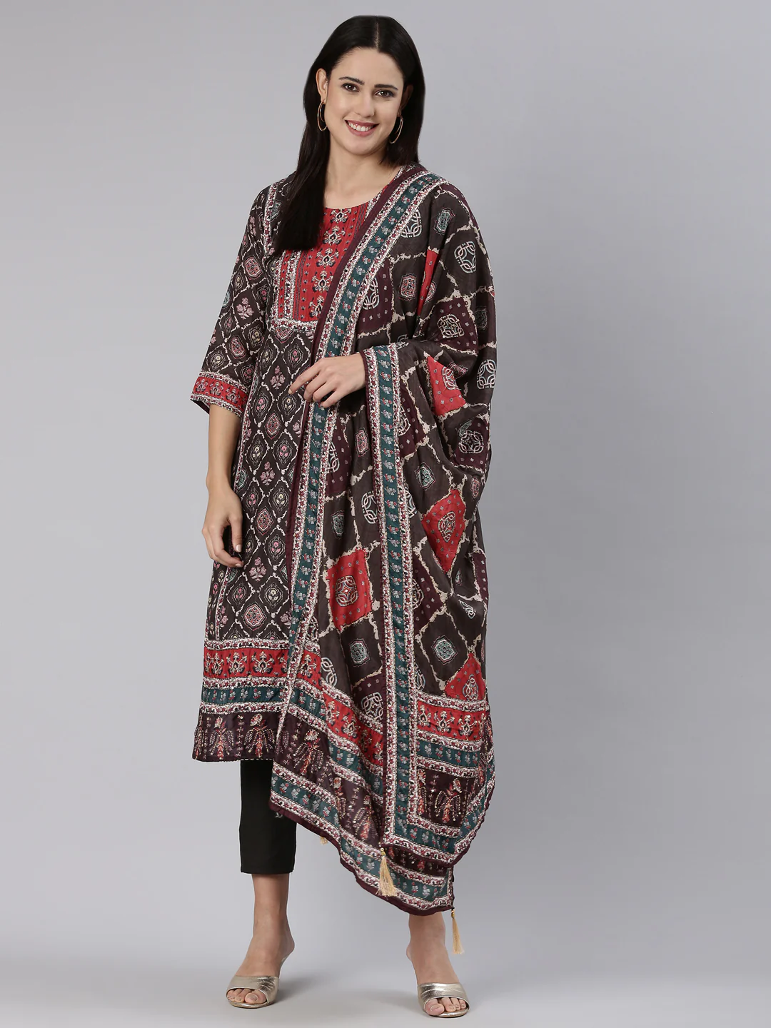 Neerus Brown Regular Straight Printed Readymade suits - Image 5