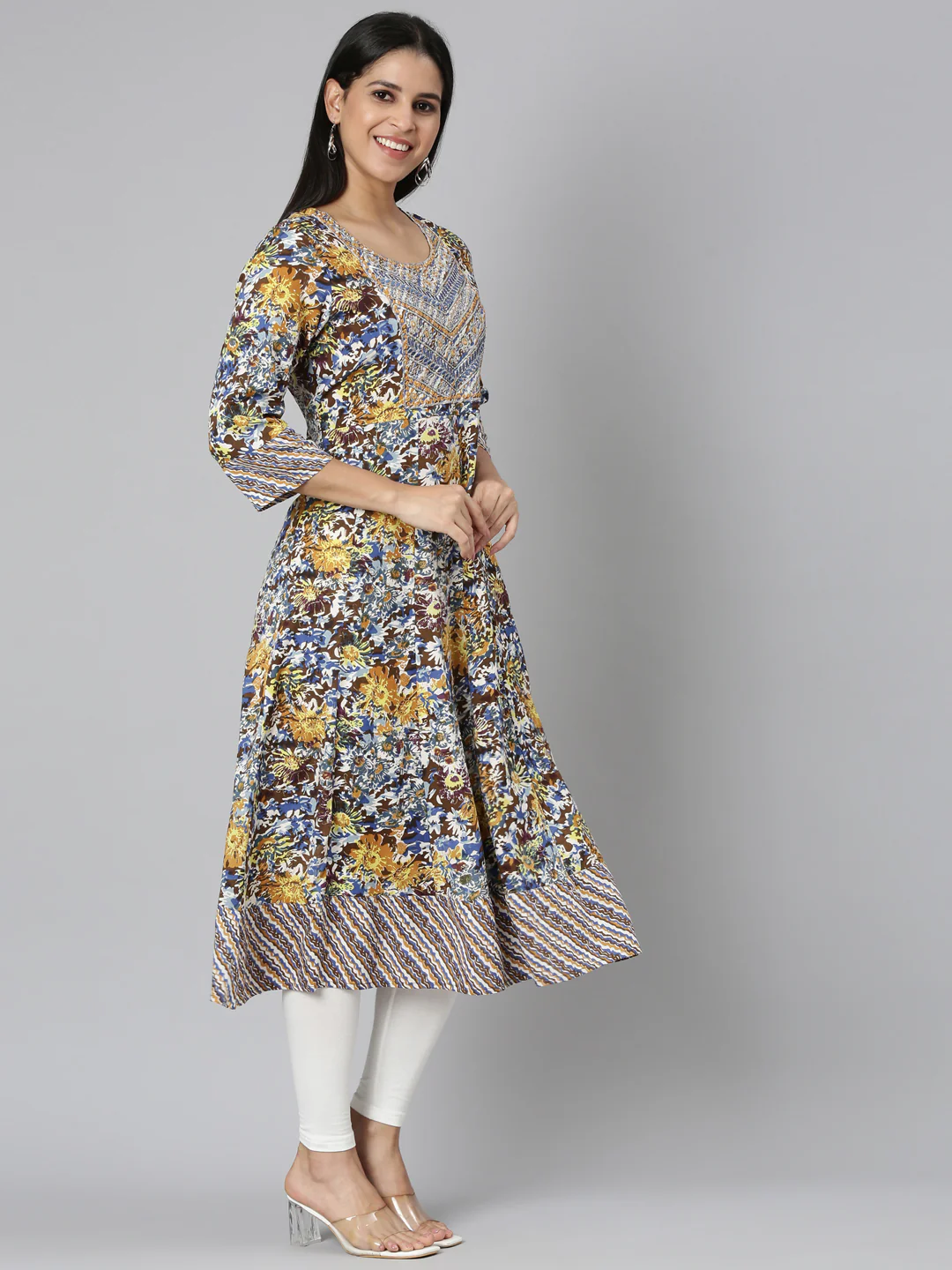 Neerus Brown Straight Casual Floral Anarkali Kurta - Image 3