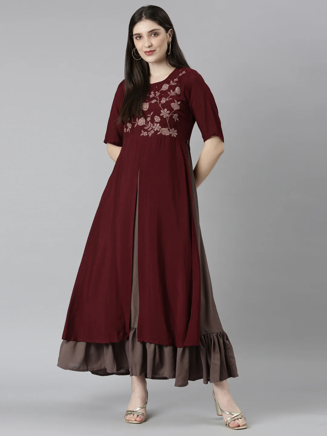 Neerus Brown Straight Casual Floral Dresses - Image 6