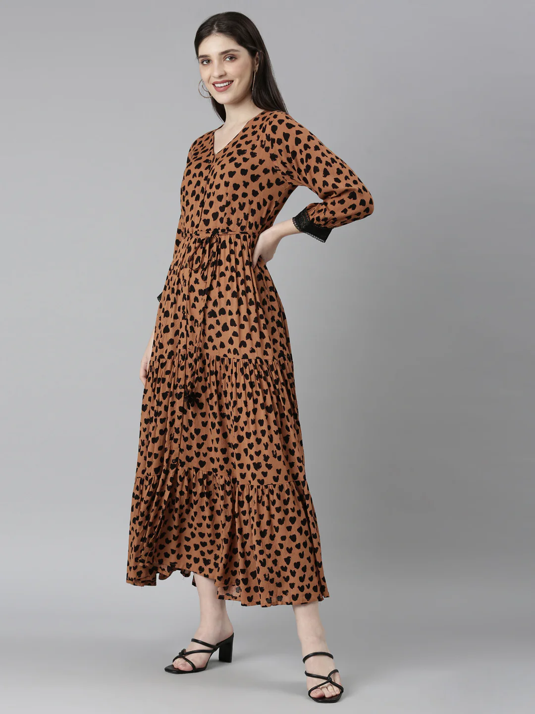 Neerus Brown Straight Casual Polka Dots Dresses - Image 2