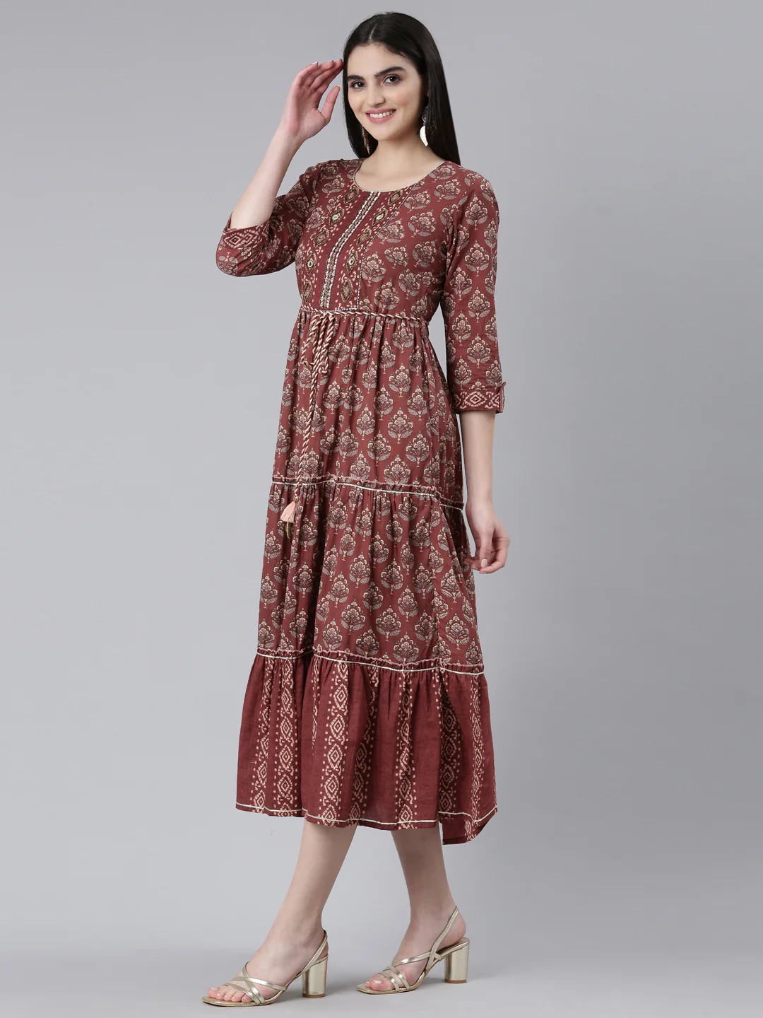 Neerus Brown Straight Casual Printed Gown - Image 2