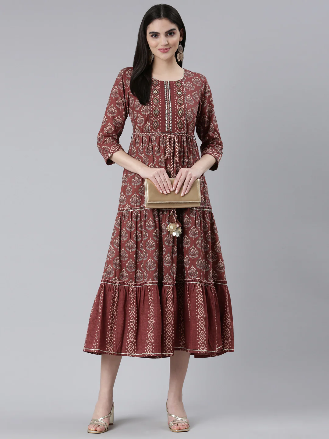 Neerus Brown Straight Casual Printed Gown - Image 5