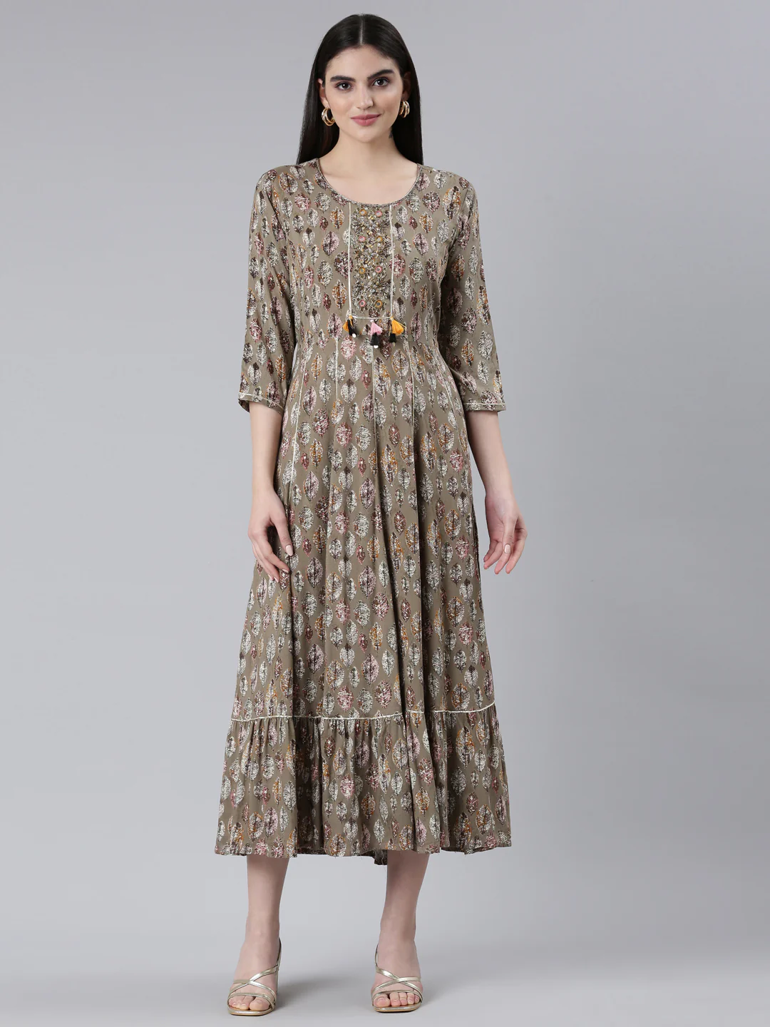 Neerus Brown Straight Casual Printed Dress