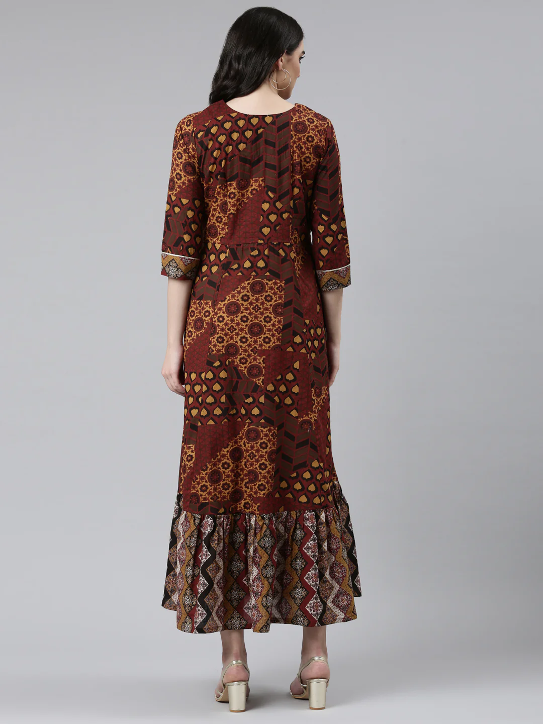 Neerus Brown Straight Casual Printed Dress - Image 3