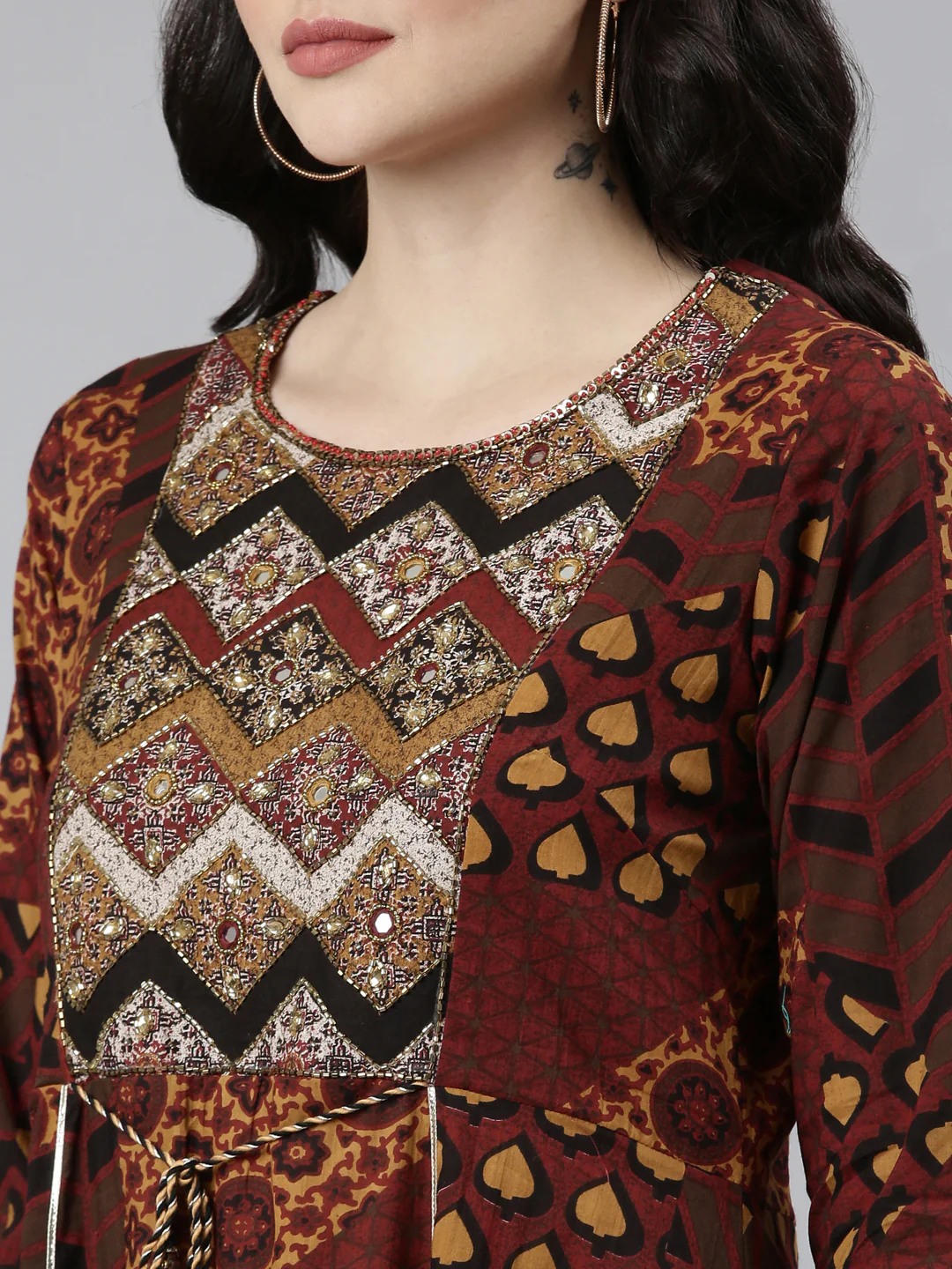 Neerus Brown Straight Casual Printed Dress - Image 4
