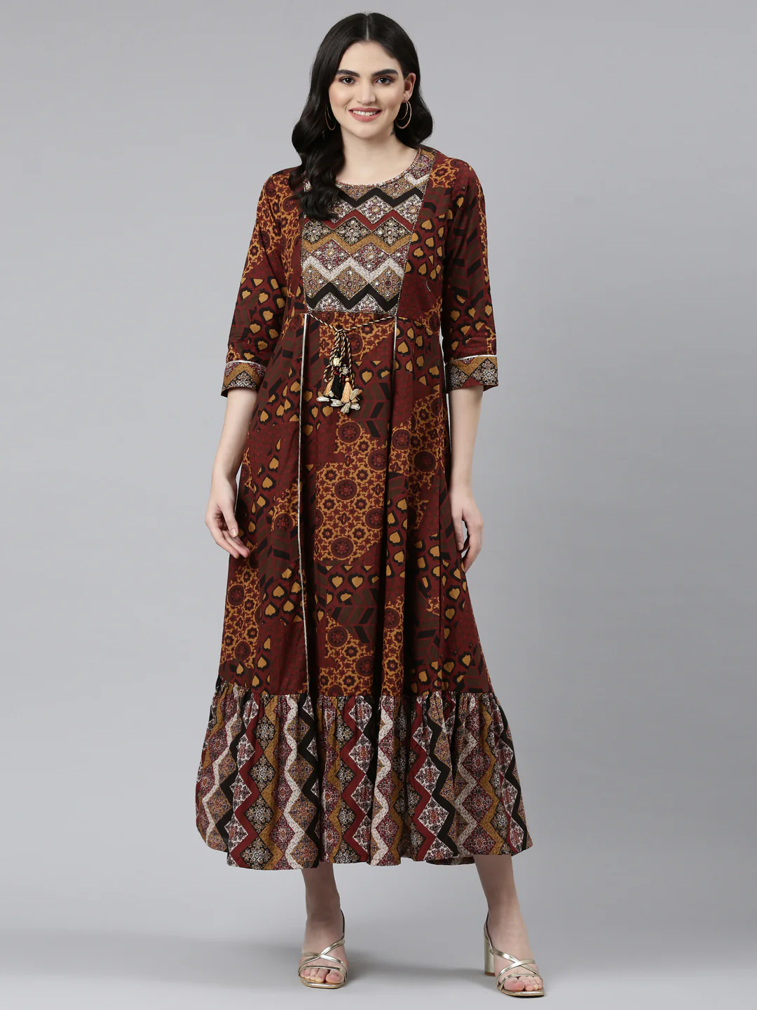 Neerus Brown Straight Casual Printed Dress - Image 5