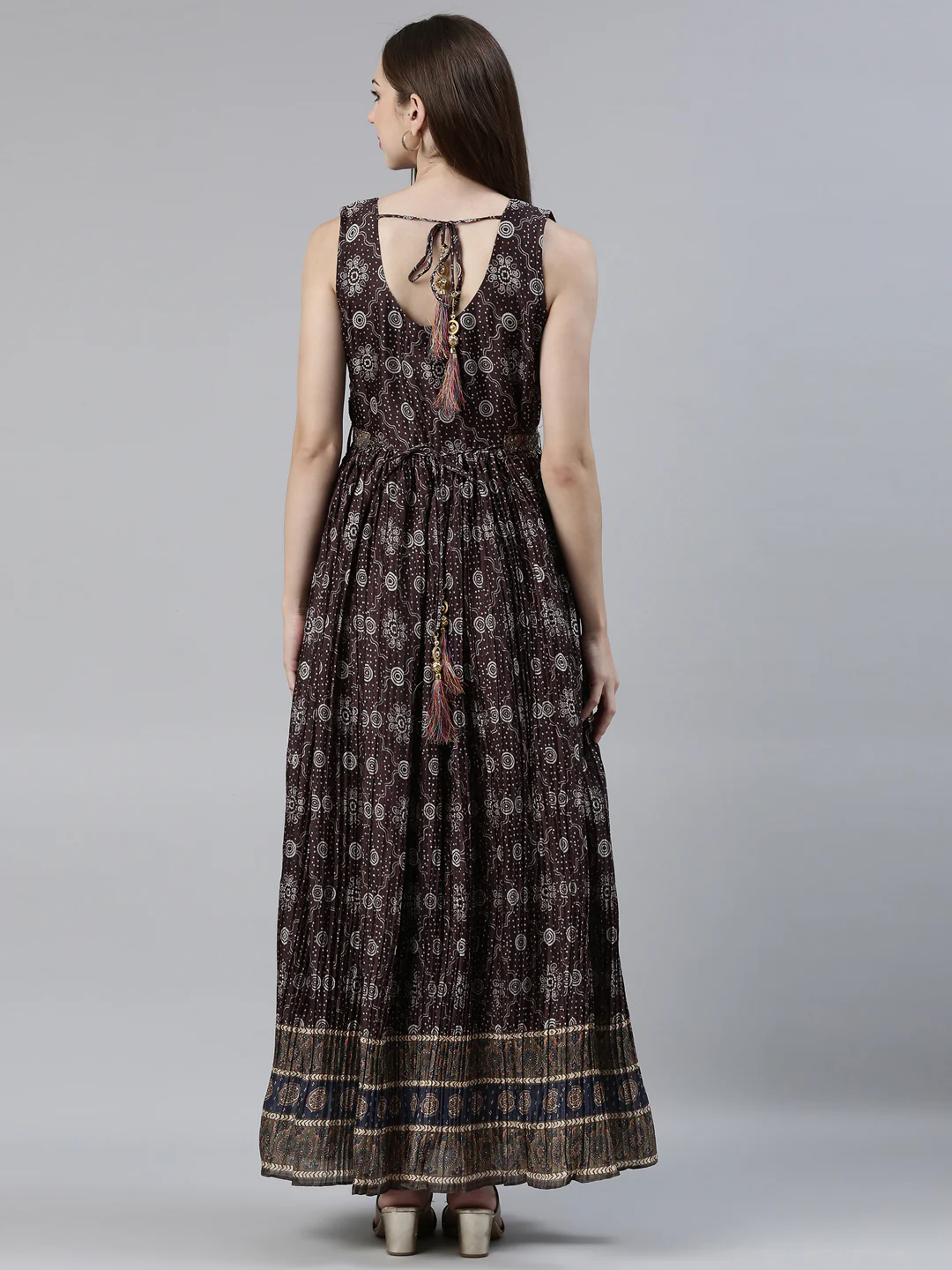Neerus Brown Straight Casual Printed Maxi Dresses - Image 3