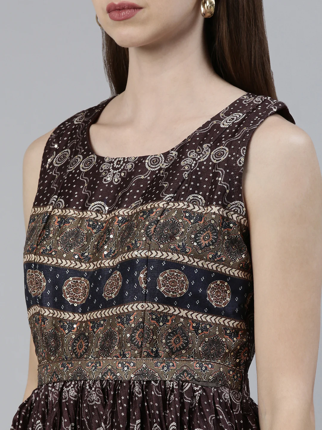 Neerus Brown Straight Casual Printed Maxi Dresses - Image 4