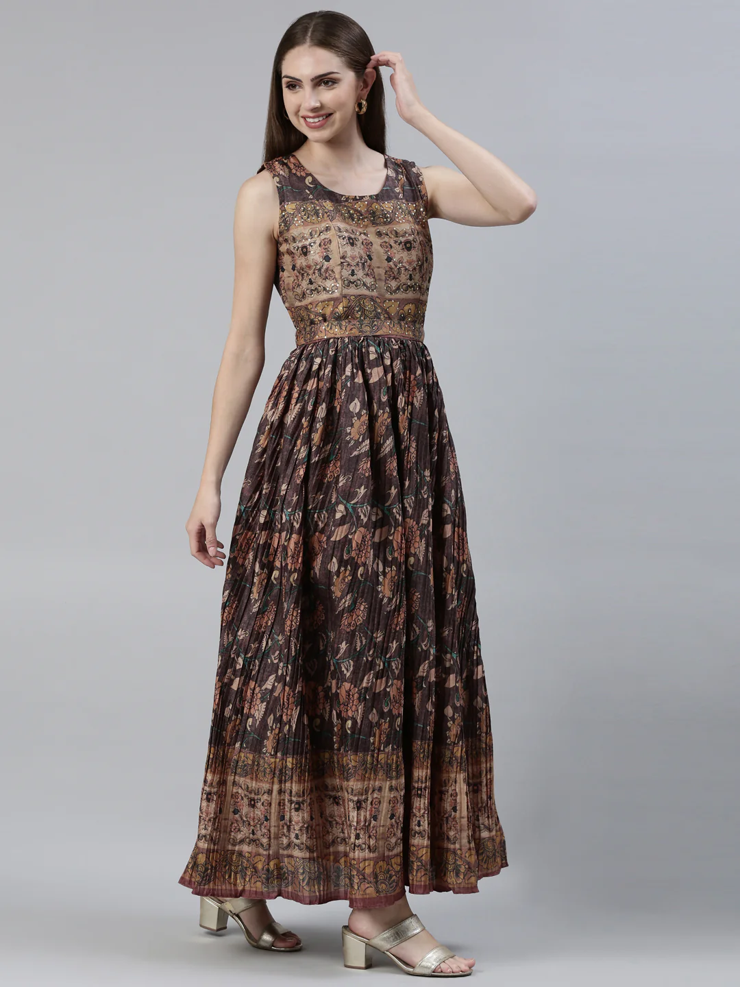 Neerus Brown Straight Casual Printed Maxi Dresses - Image 2