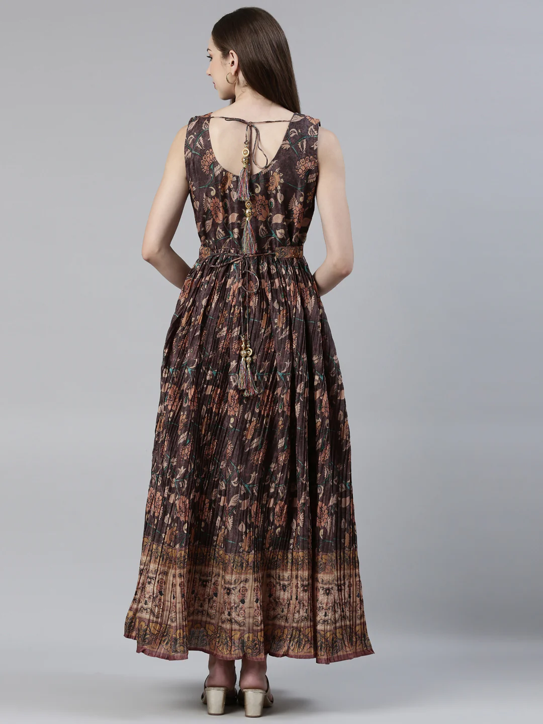 Neerus Brown Straight Casual Printed Maxi Dresses - Image 3