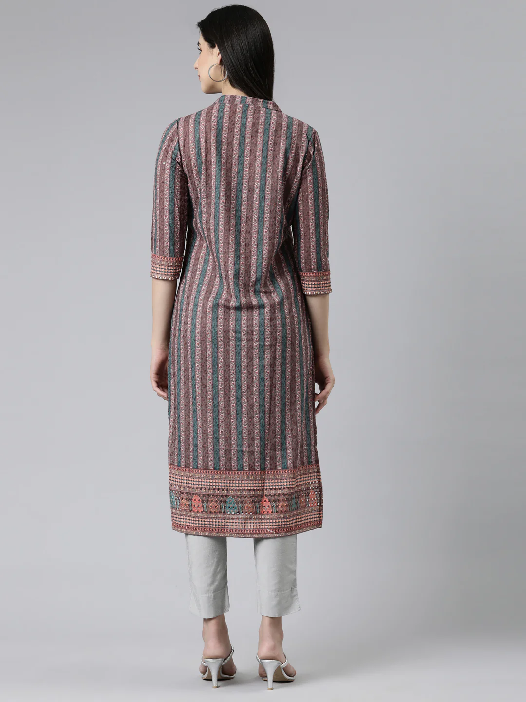 Neerus Brown Straight Embroidered Cotton Kurta - Image 3
