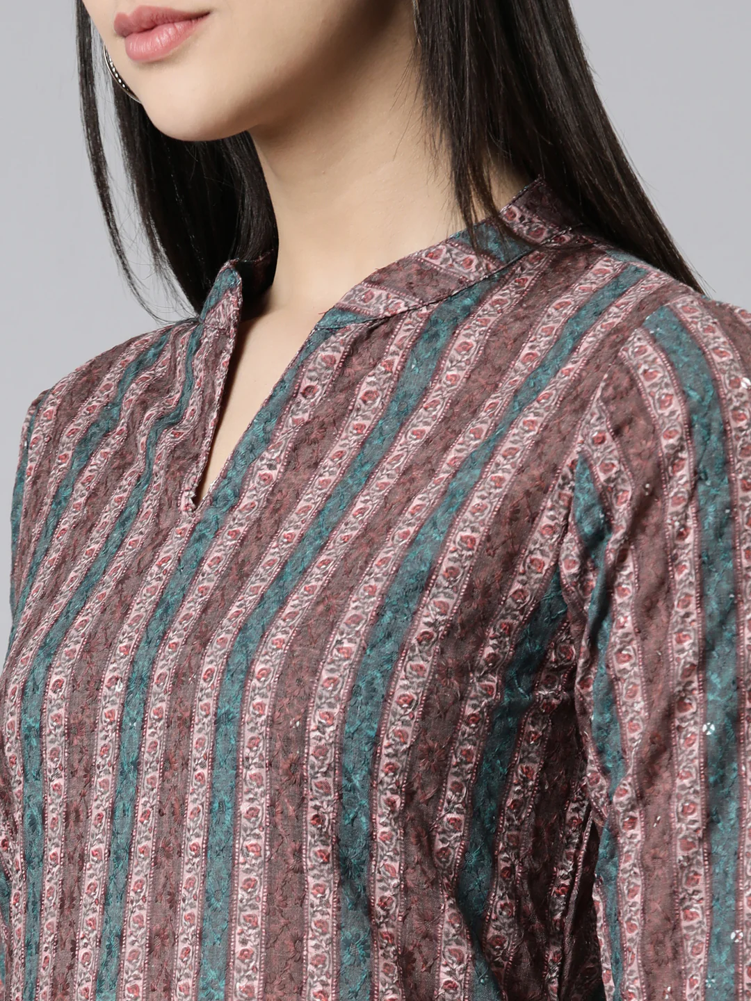 Neerus Brown Straight Embroidered Cotton Kurta - Image 4