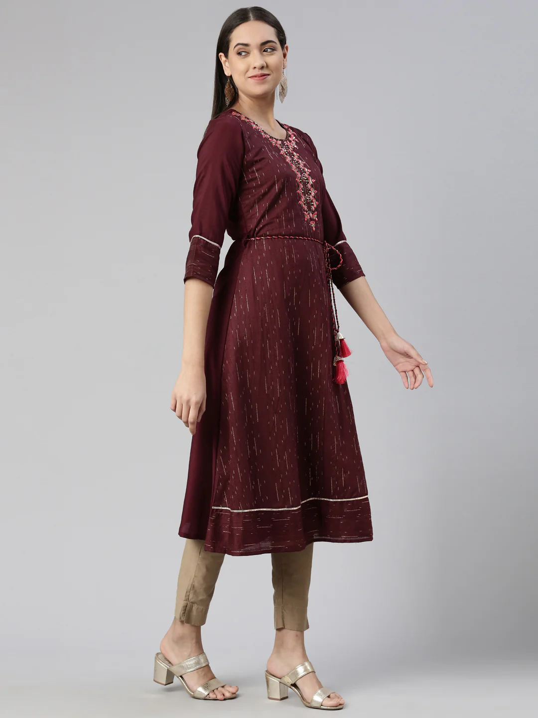 Neerus Burgundy Anarkali Straight Cotton Silk Kurta - Image 2