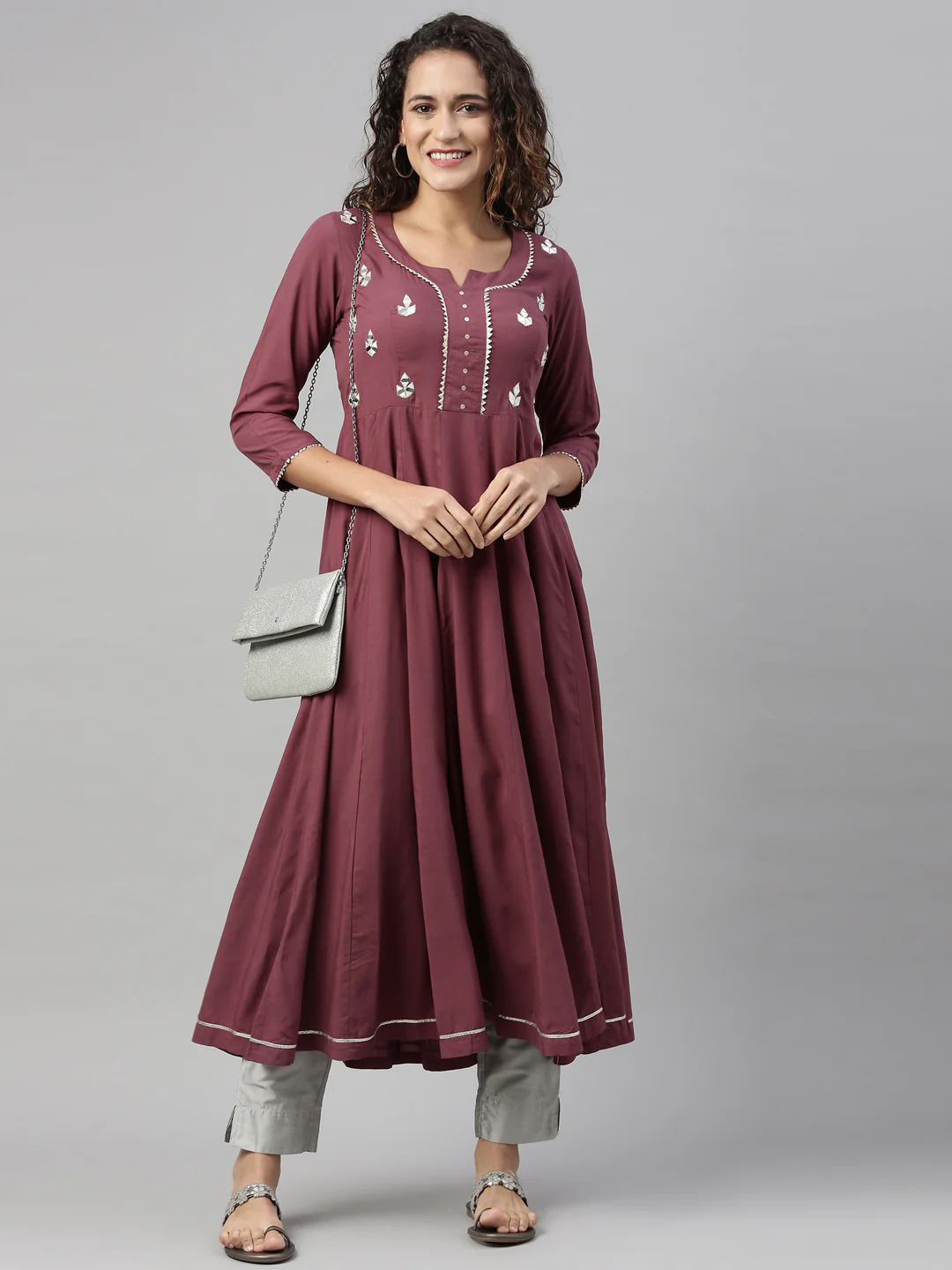 Neerus Burgundy Color Slub Rayon Fabric Kurta - Image 4