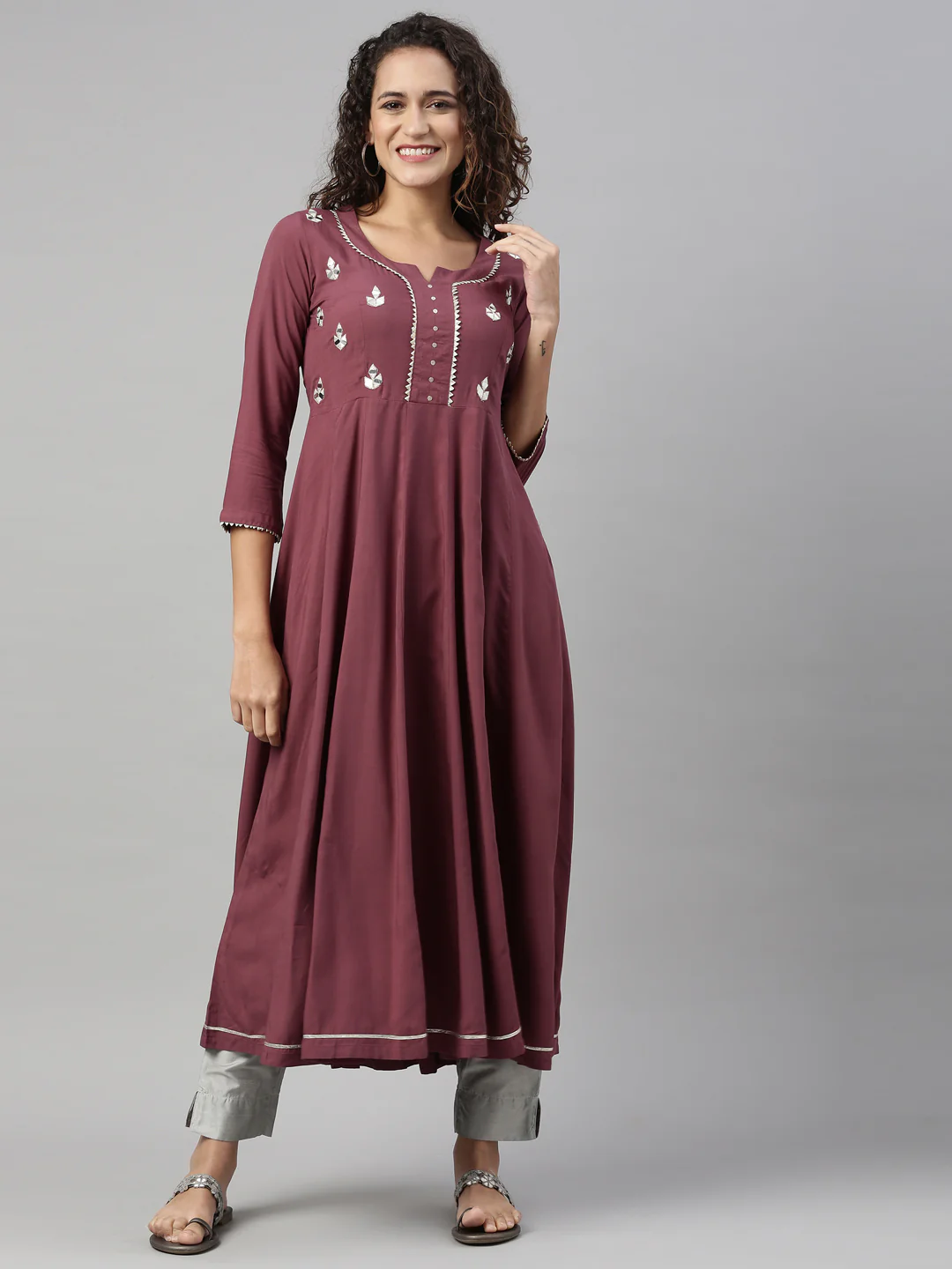Neerus Burgundy Color Slub Rayon Fabric Kurta - Image 7