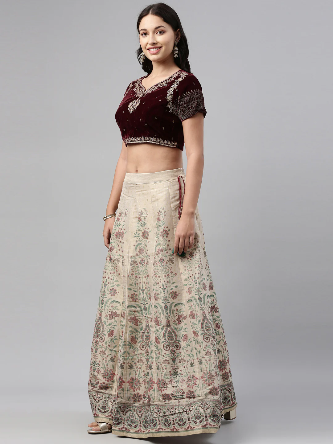 Neerus Burgundy Color Velvett Fabric Crop-Top - Image 2