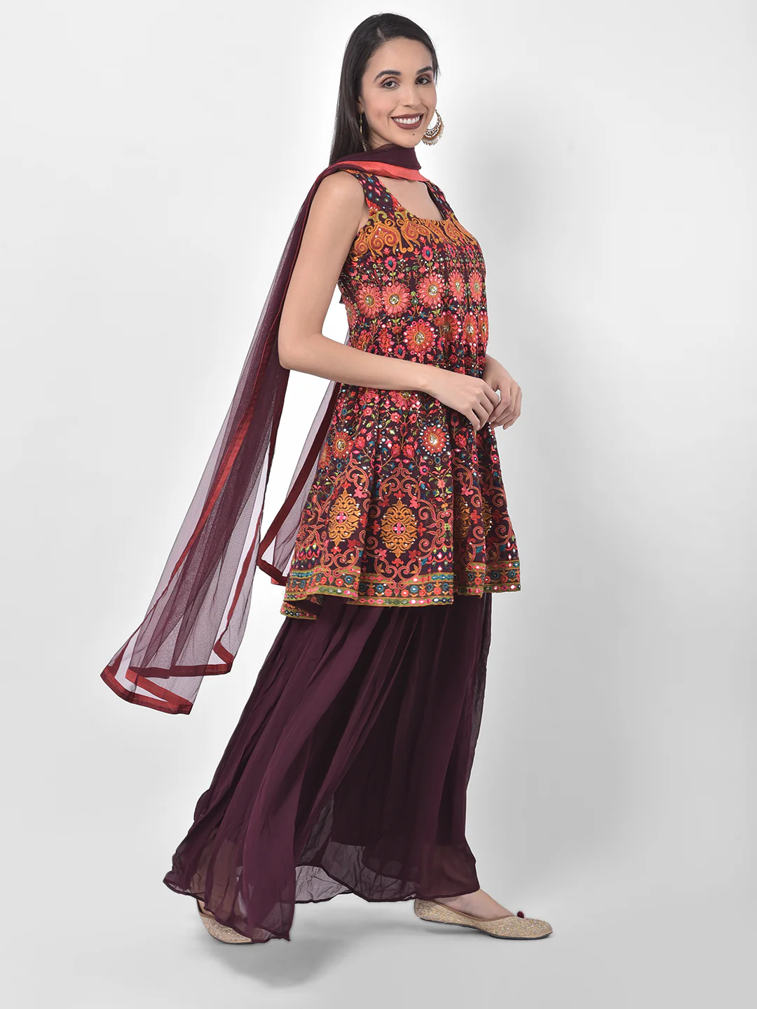 Neerus Burgundy Embroidered Kurta With Skirt & Dupatta - Image 2
