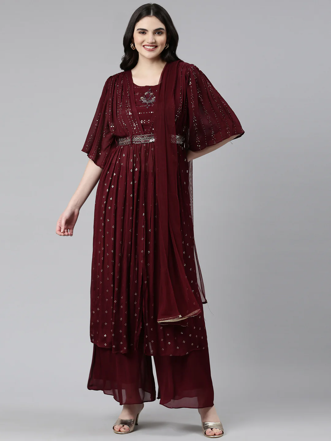 Neerus Burgundy Pleated Straight Embroidered Kurta And Palazzos With Dupatta