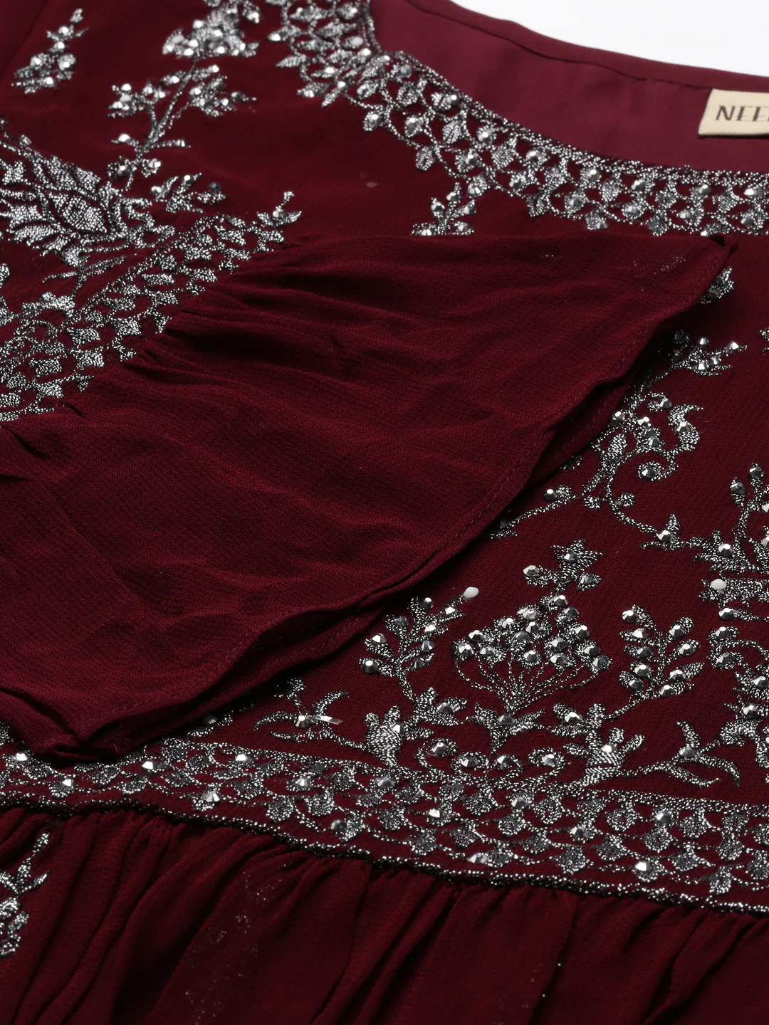 Neerus Burgundy Regular Calf Length Embroidered Kurta Solid Palazzos With Dupatta - Image 4